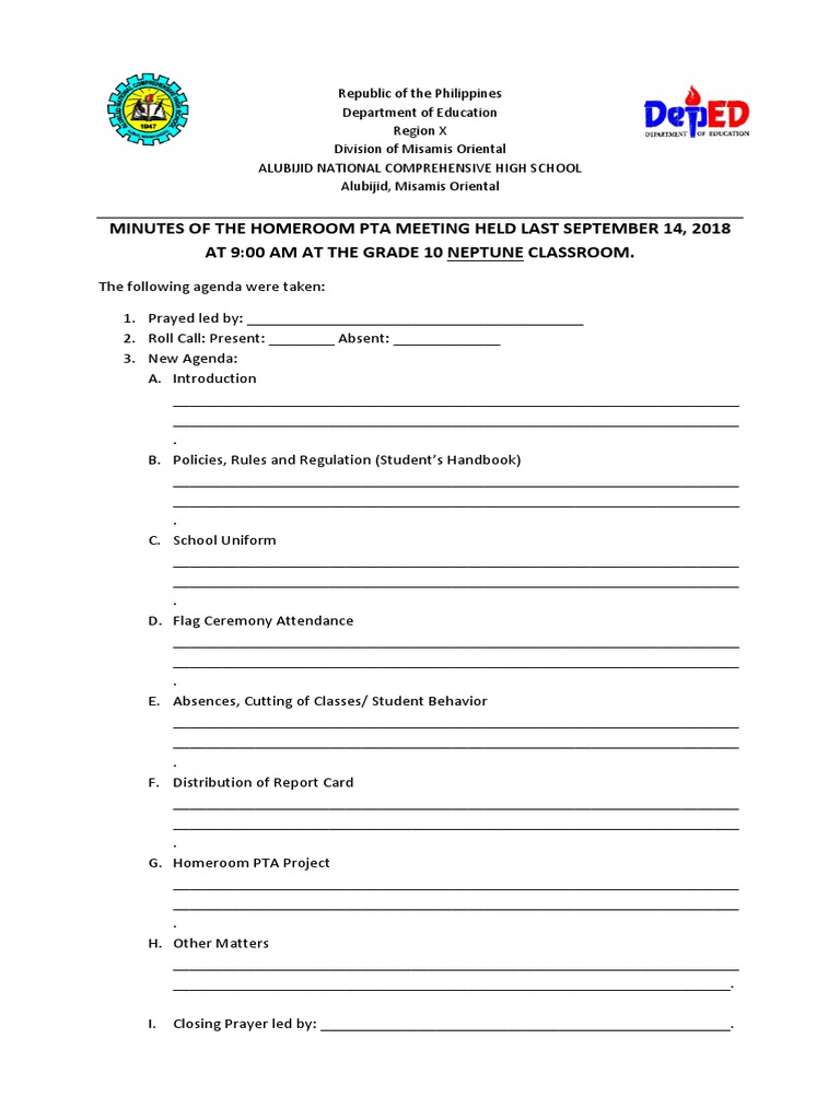 Minutes of The Homeroom Pta Meeting Held Last September 14, 2018 at 9