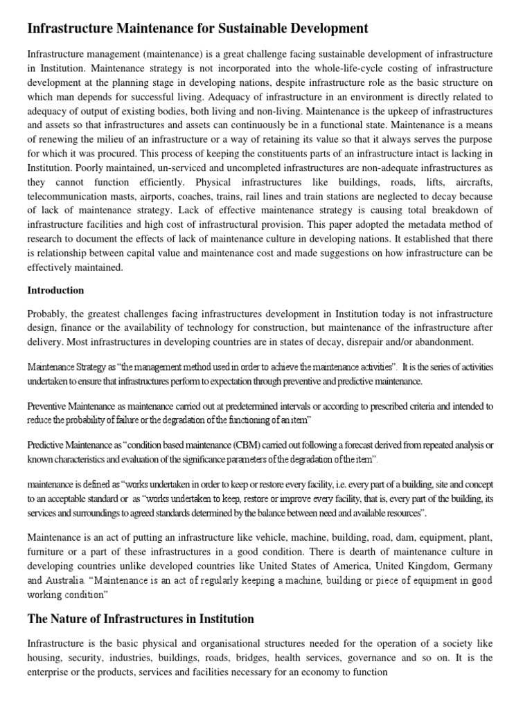 Infrastructure Maintenance For Sustainable Development: The Nature of ...