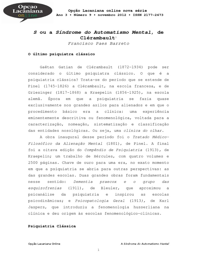 A Síndrome do Automatismo Mental | PDF | Jacques Lacan | Psicose