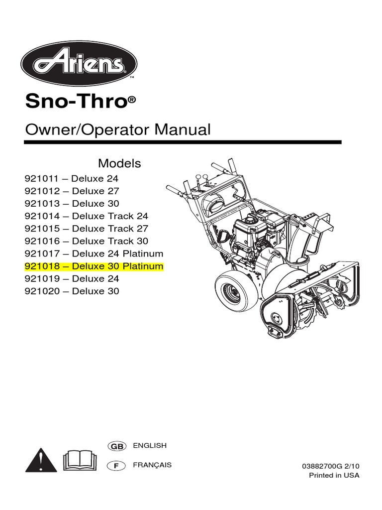 Ariens, Snow Blower, 921018 Deluxe 30 Platinum PDF PDF Clutch Truck