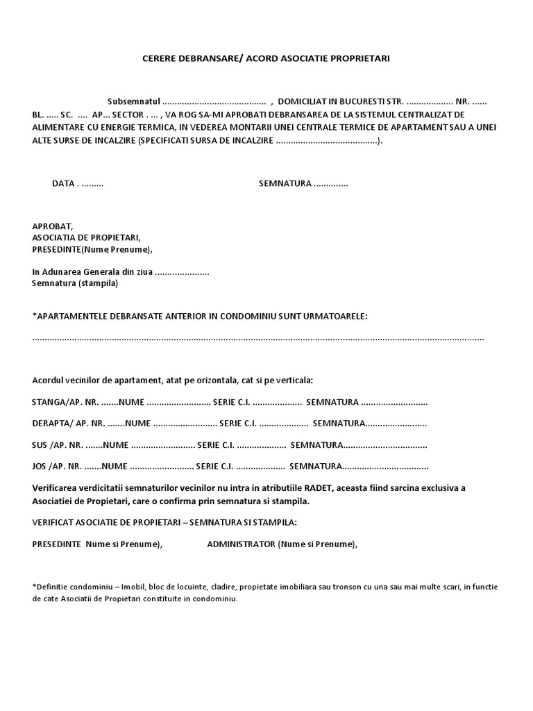 Cerere Debransare Acord Asociatie Proprietari