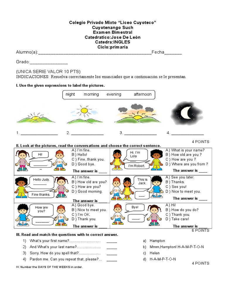 Examen Bimestral de Inglés Primaria | PDF