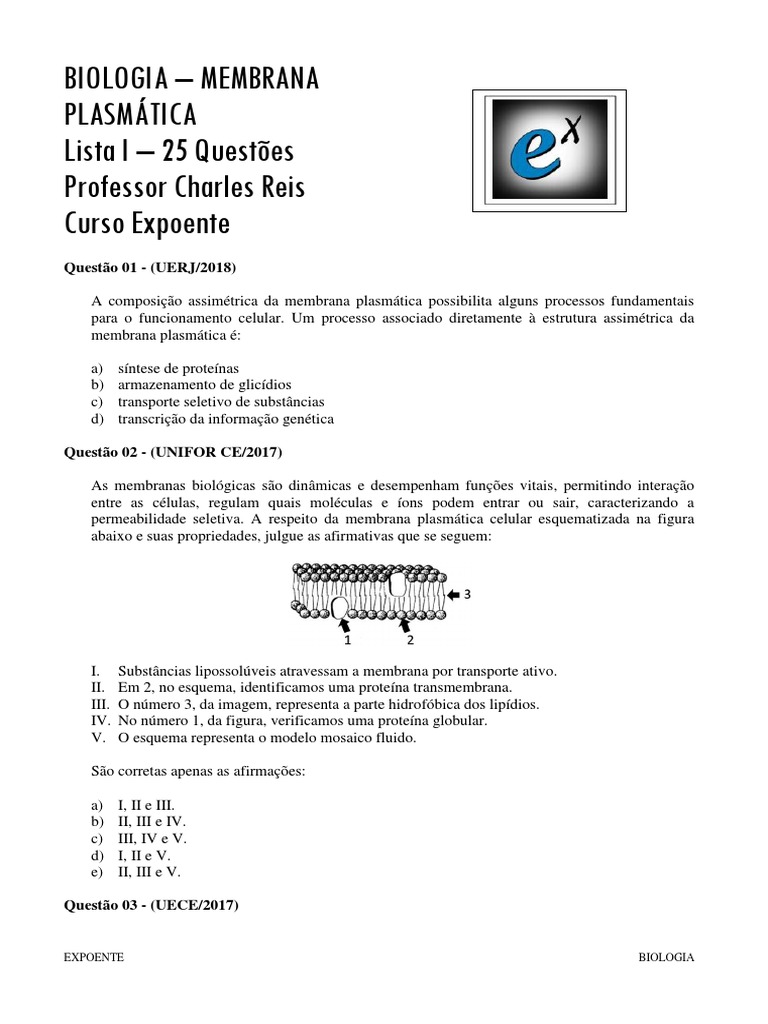 Questões sobre Membrana Plasmática em Biologia | PDF | Osmose ...