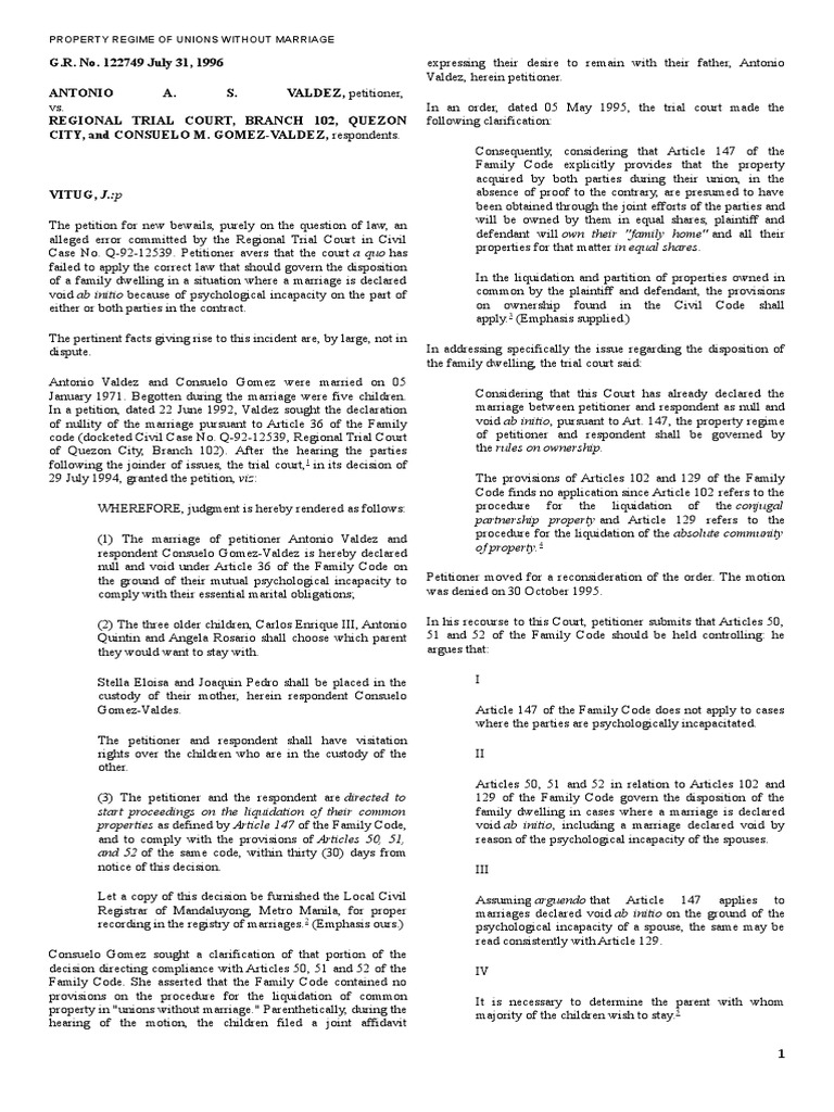 Property Regime of Unions Without Marriage PDF Marriage Annulment