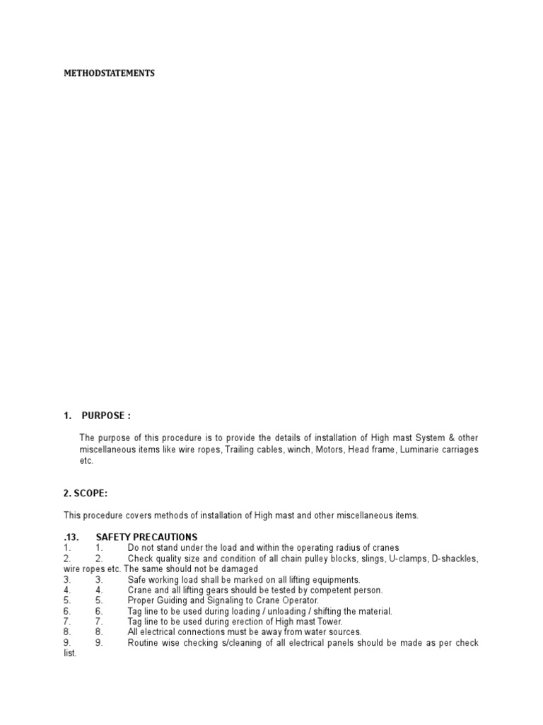 High Mast Installation Method Statement | PDF | Lighting | Electrical ...