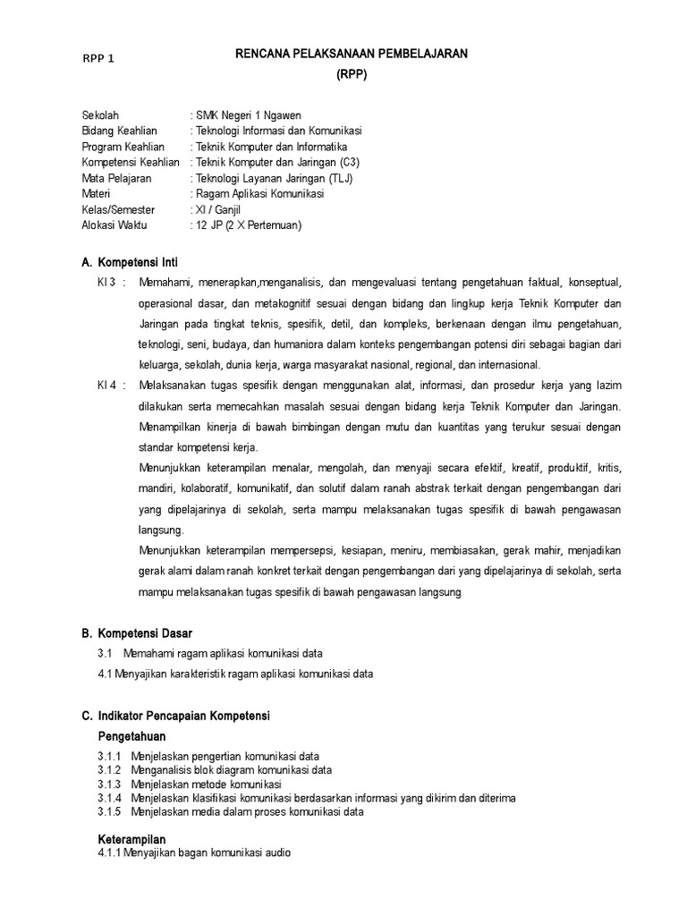 Rpp Teknologi Layanan Jaringa Kelas Xi Sem 1