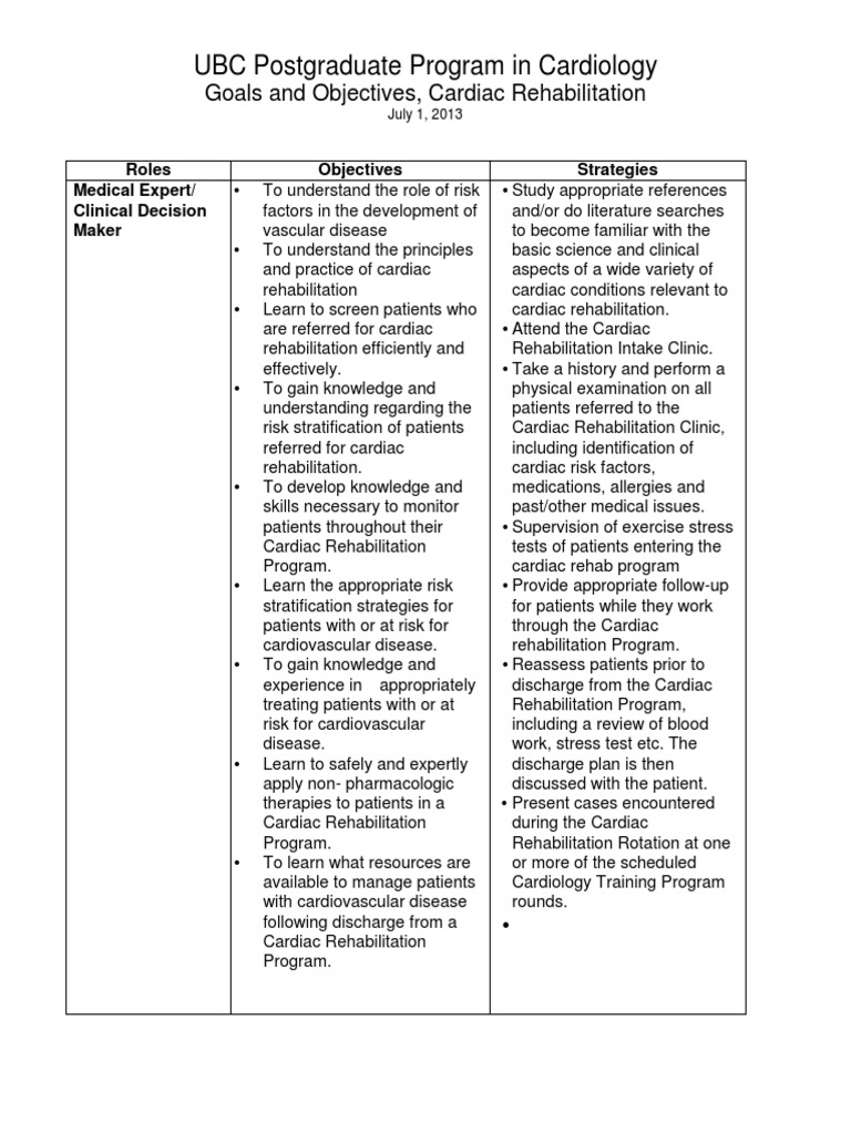 Goals and Objectives Cardiac Rehabilitation | PDF | Physical Therapy ...