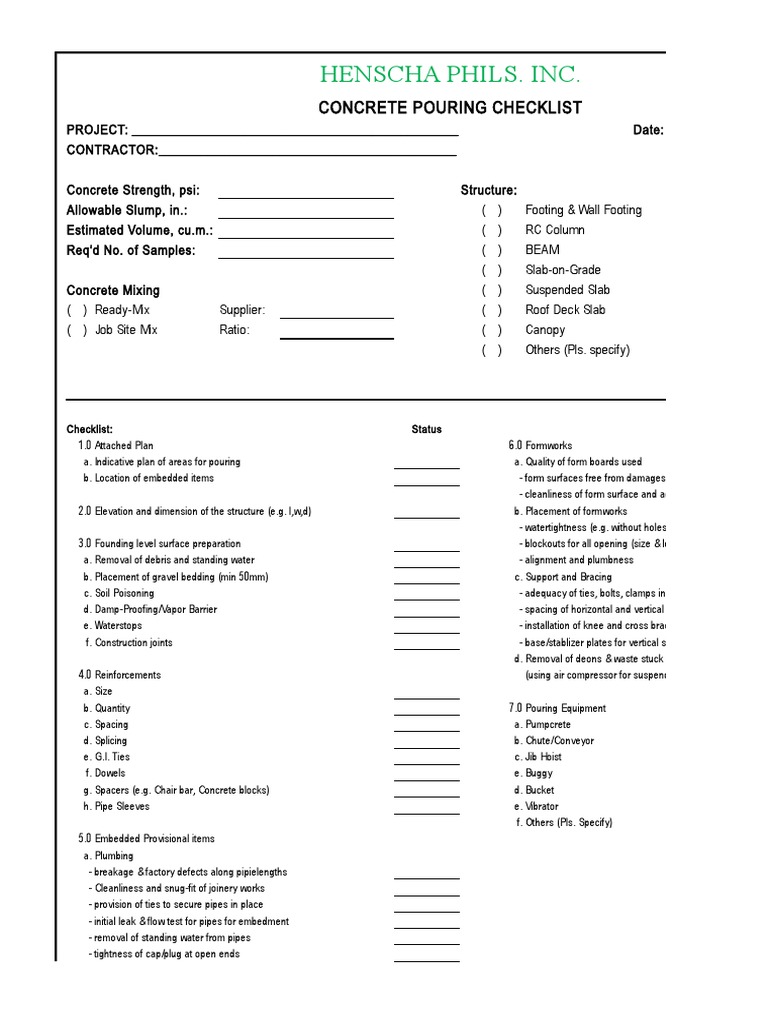 Concrete Pouring Checklist Guide | PDF | Concrete | Pipe (Fluid Conveyance)