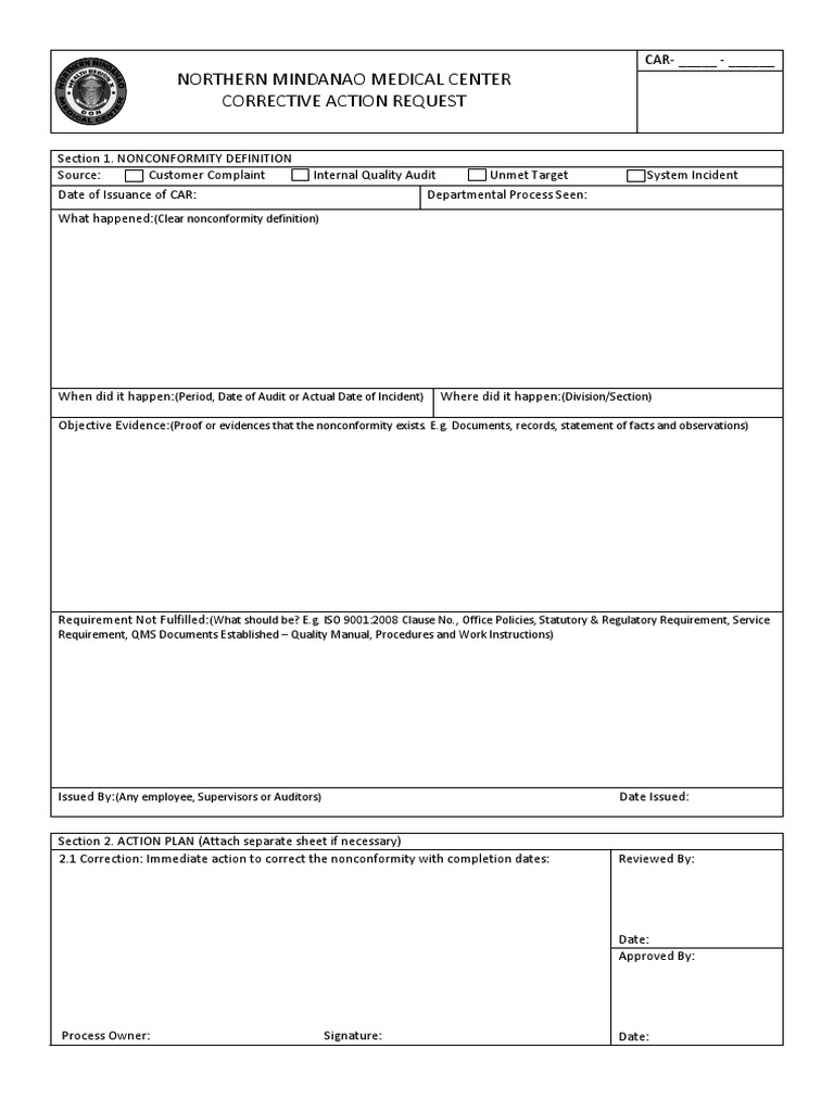 ISO 9001 Corrective Action Request Template | PDF | Iso 9000 | Audit