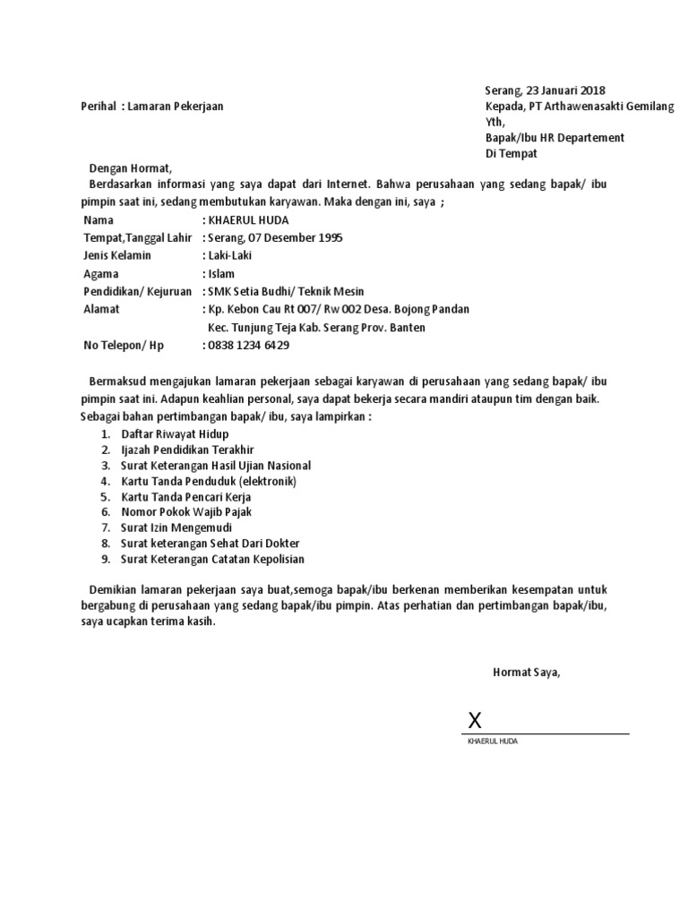 Surat Lamaran Pekerjaan Pt Arthawenasakti Gemilang Pdf