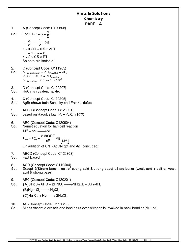 Hints & Solutions: Chemistry Part - A | PDF | Maxima And Minima | Chemistry