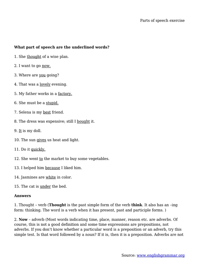Parts of Speech Exercise PDF