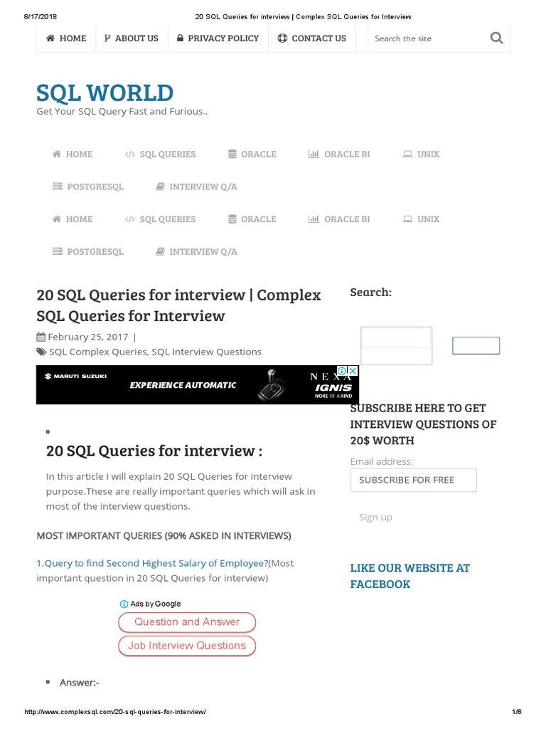 20 SQL Queries For Interview Complex SQL Queries For Interview PDF 20 sql queries for interview complex sql queries for interview pdf
