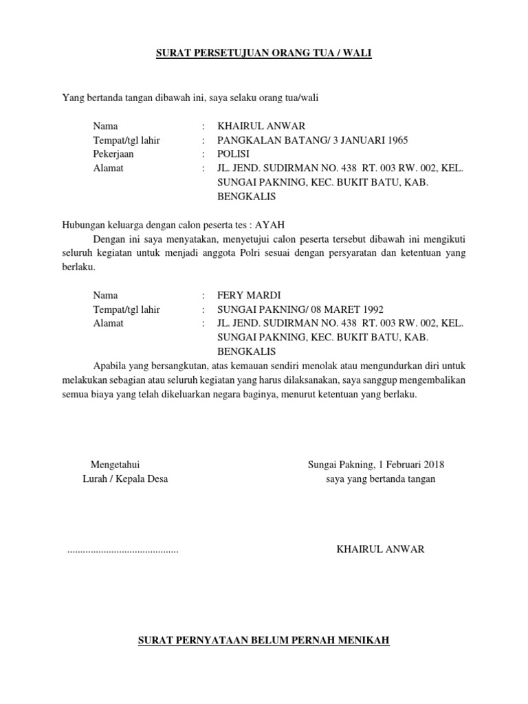 Surat Persetujuan Orang Tua Wali