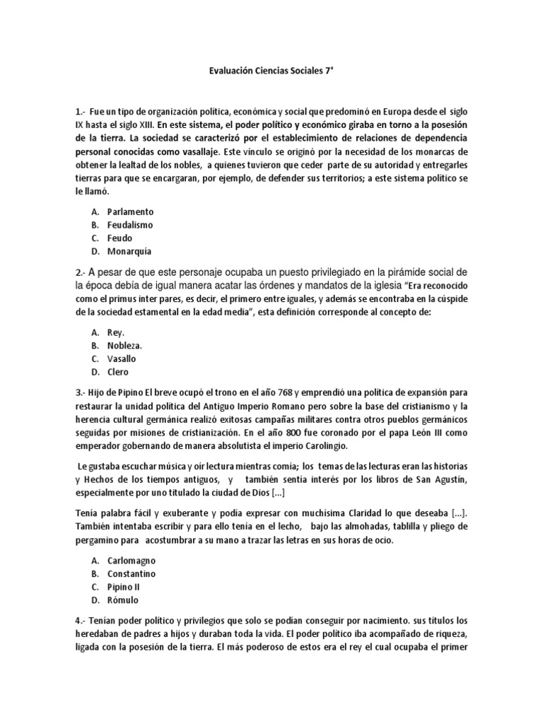 Evaluación de Ciencias Sociales 7° grado | PDF | Feudalismo | Edades medias