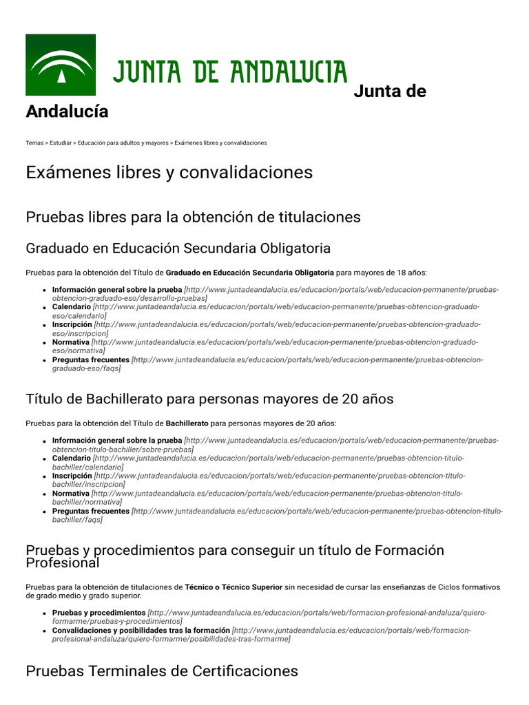 Junta de Andalucía Exámenes libres y convalidaciones Educación Secundaria Educación vocacional