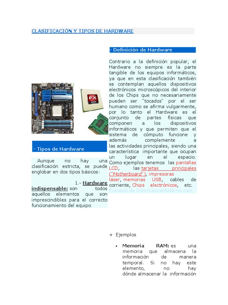 CLASIFICACIÓN Y TIPOS DE HARDWARE PRINCIPALES | PDF | Hardware de la ...