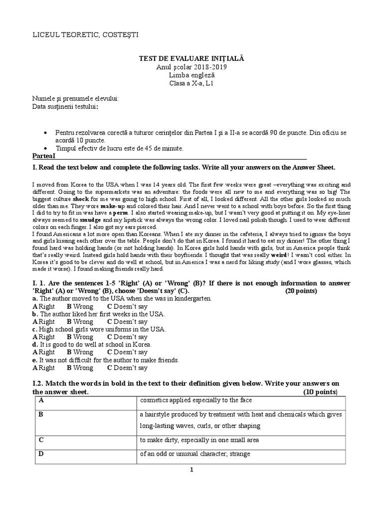 Test Initial Lb. Engleza Clasa A Xa l1 | PDF | Linguistics | Cognitive ...