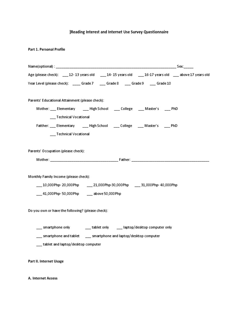 Reading Interest and Internet Use Survey Questionn | PDF | Books ...