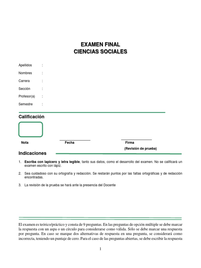 Examen Final de Ciencias Sociales | PDF | Prueba (evaluación ...