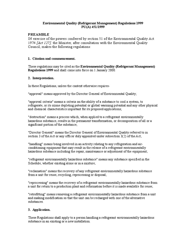 Preamble Environmental Quality (Refrigerant Management) Regulations