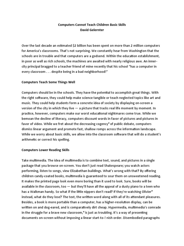 Computers Cannot Teach Children Basic Skills | PDF