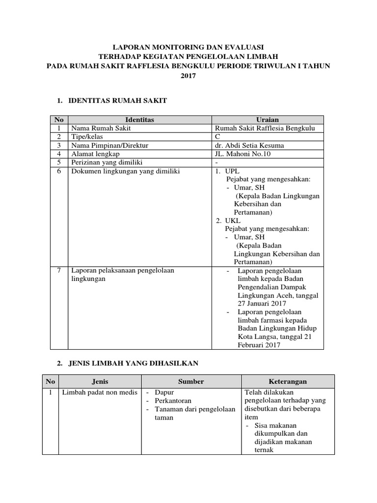 Laporan Monitoring Dan Evaluasi Terhadap Kegiatan Pengelolaan Limbah
