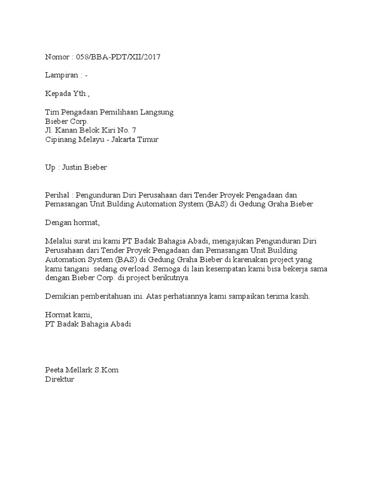 Contoh Surat Pengunduran Diri Perusahaan Dari Tender Proyek Pdf