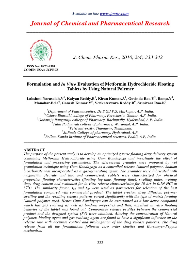 Formulation and in Vitro Evaluation of Metformin Hydrochloride Floating ...