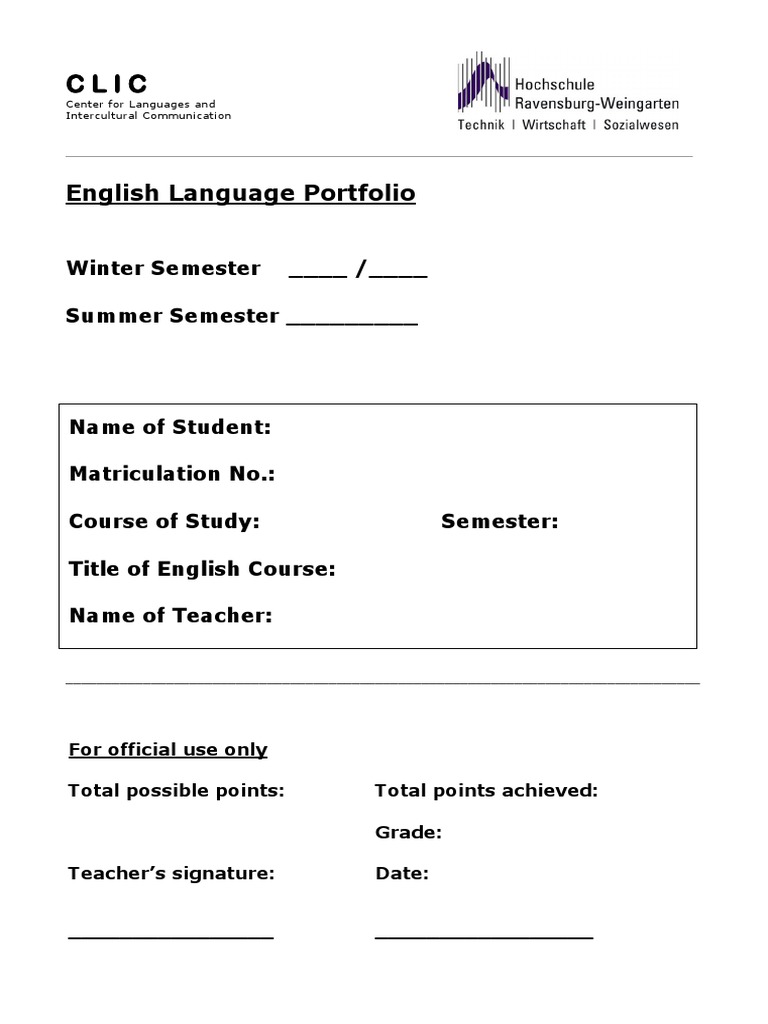 English Language Portfolio: Winter Semester - / - Summer Semester | PDF