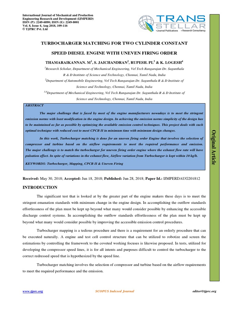 Turbocharger Matching For Two Cylinder Constant Speed Diesel Engine