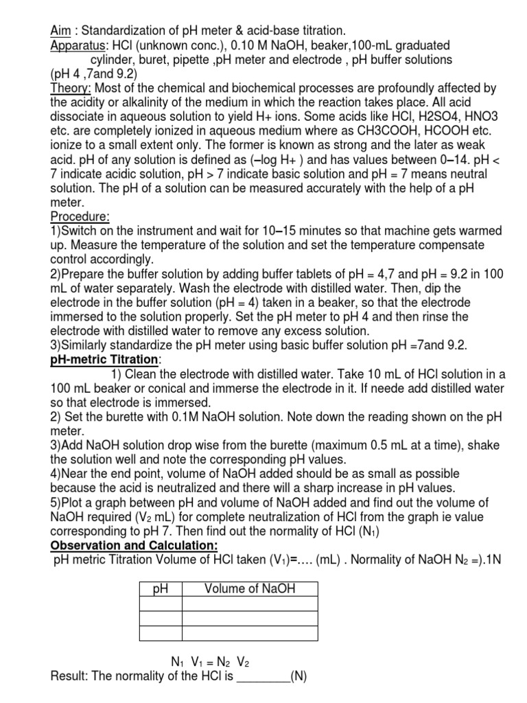 Standardization of pH Meter & Acid-Base Titration | PDF | Ph | Buffer ...