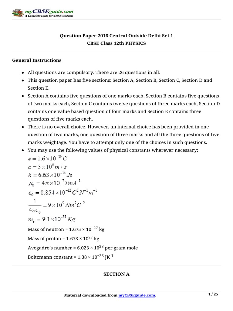 CBSE Class 12 Physics 2016 Question Paper | PDF | Lens (Optics) | Waves