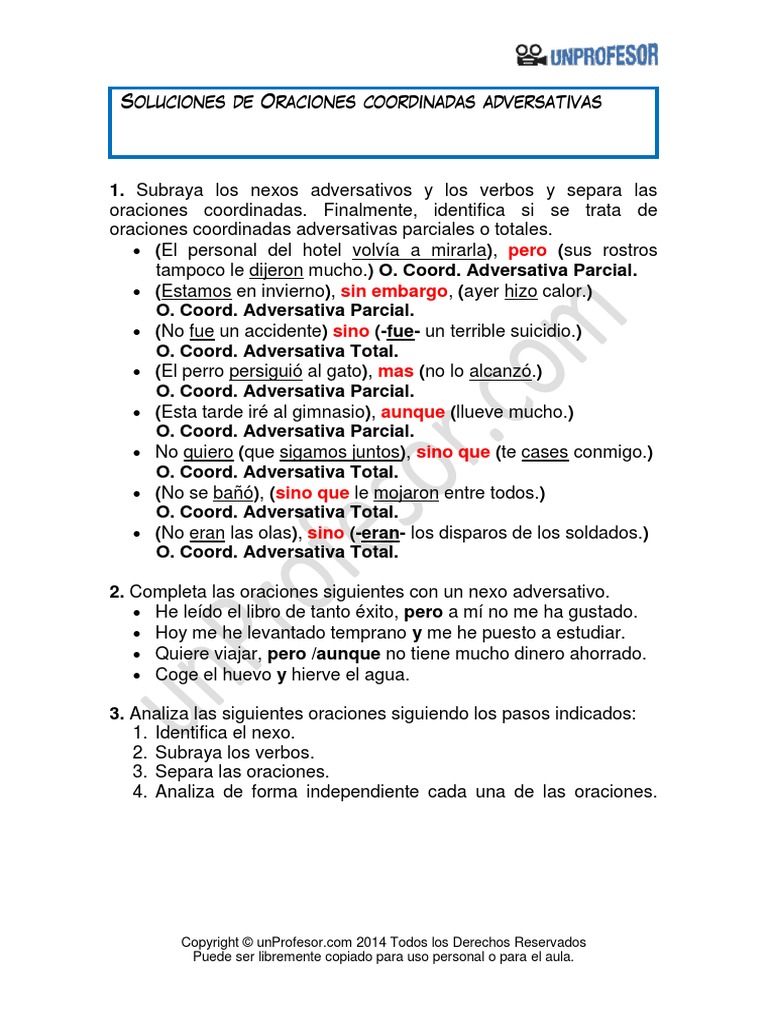 Solucion Oraciones Coordinadas Adversativas | PDF | Artes del Lenguaje ...