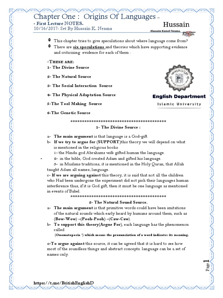 Chapter One Origins of Languages | PDF | Origin Of Language | Larynx