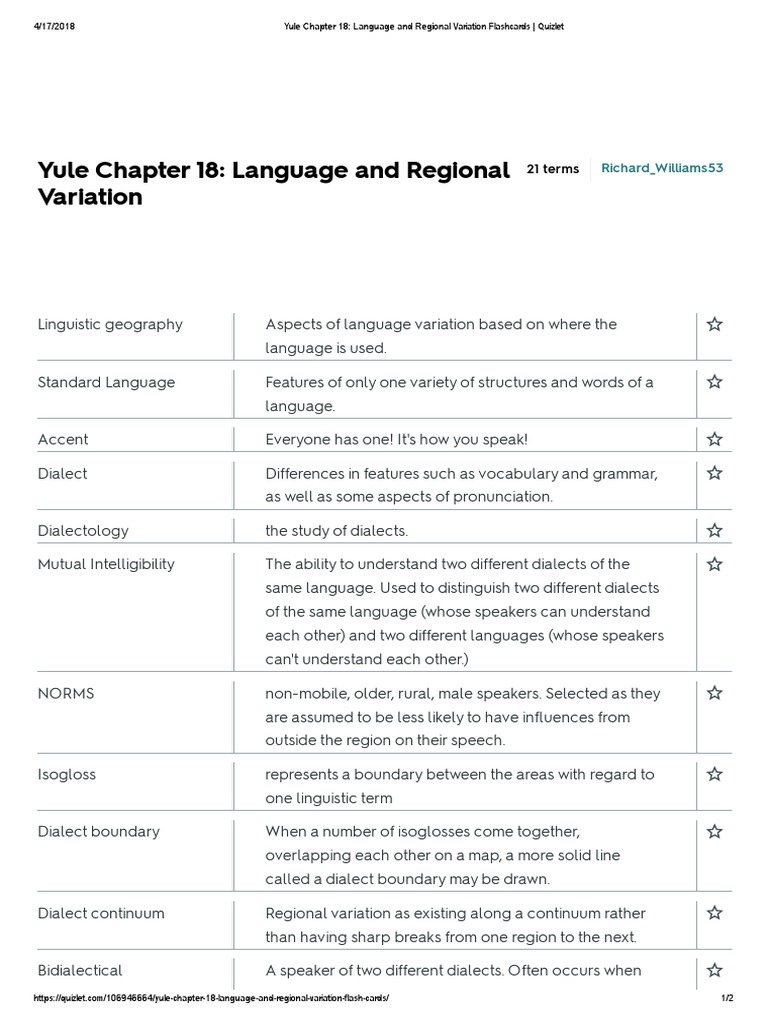 Yule Chapter 18 Language and Regional Variation Flashcards Quizlet PDF Dialect