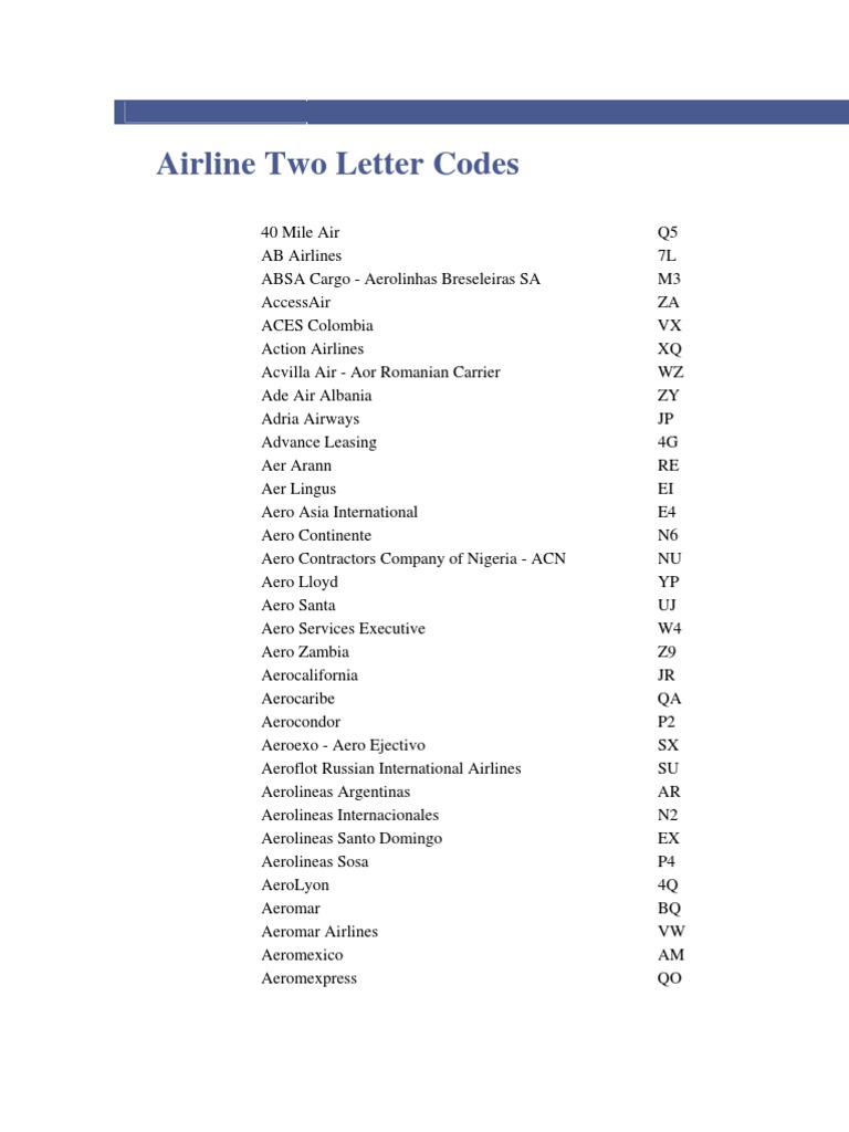 Airline Two Letter Codes Airlines Transport