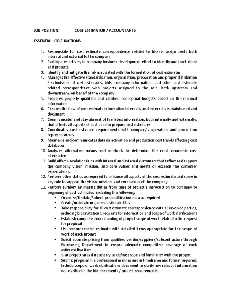 Cost Estimator Job Description For Merge Download Free PDF Business