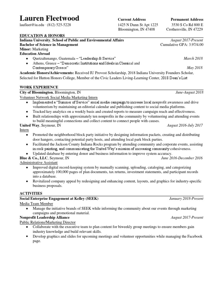 Resume Version 2 | PDF | Indiana University Bloomington | Volunteering