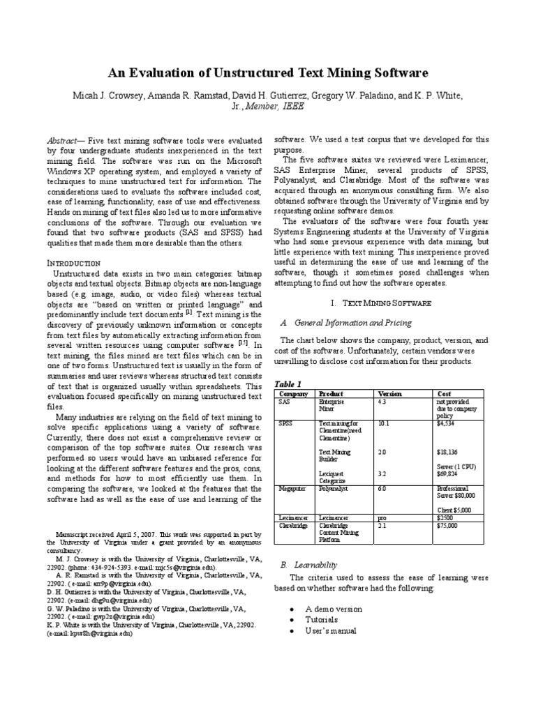 Unstructured Text Mining Software Review | PDF