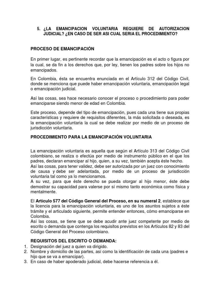 Pregunta La Emancipacion Voluntaria Requiere de Autorizacion Judicial | PDF  | Demanda judicial | Juez