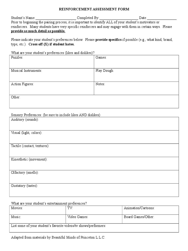 Reinforcement Assessment Form | PDF | Candy | Toys