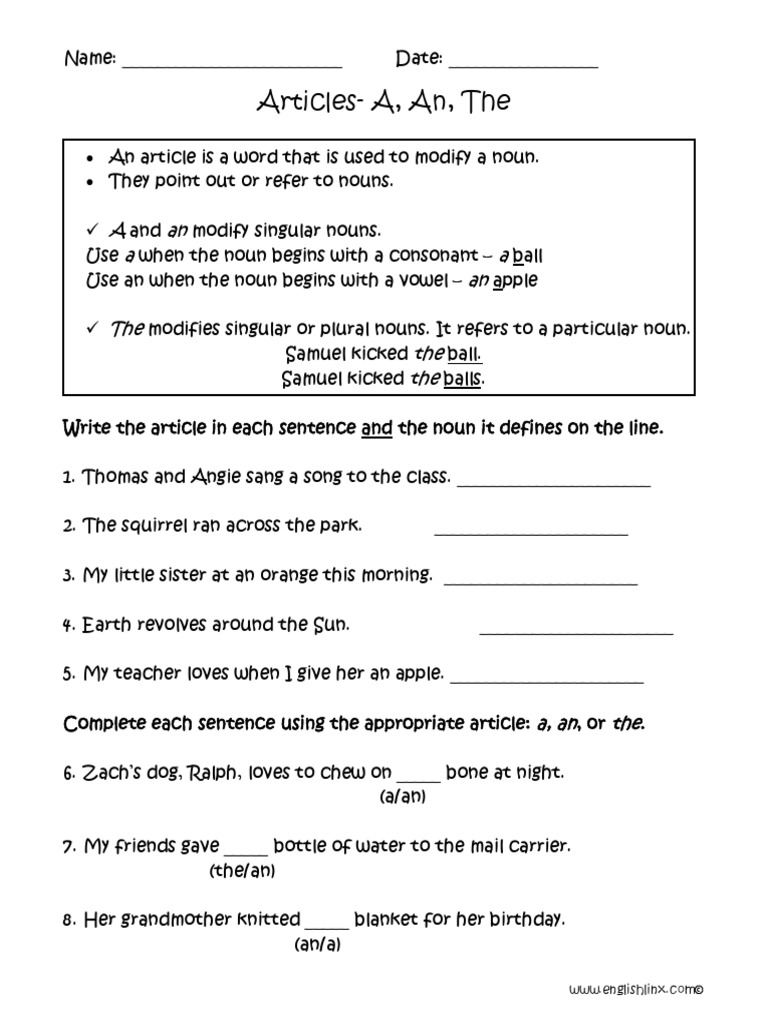 A An The Articles Worksheet Noun Grammatical Number