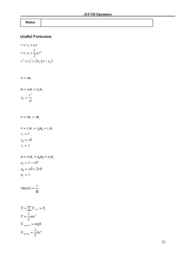 Dynamics Formula Sheet | PDF