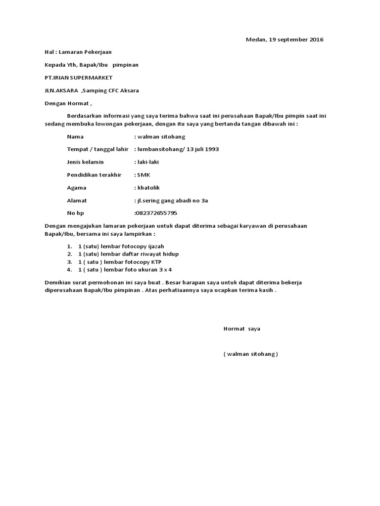 Contoh Surat Lamaran Kerja Di Irian Supermarket