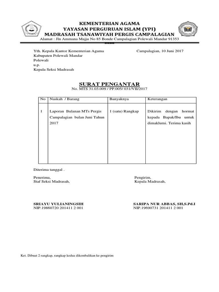 Surat Pengantar Laporan Bulanan