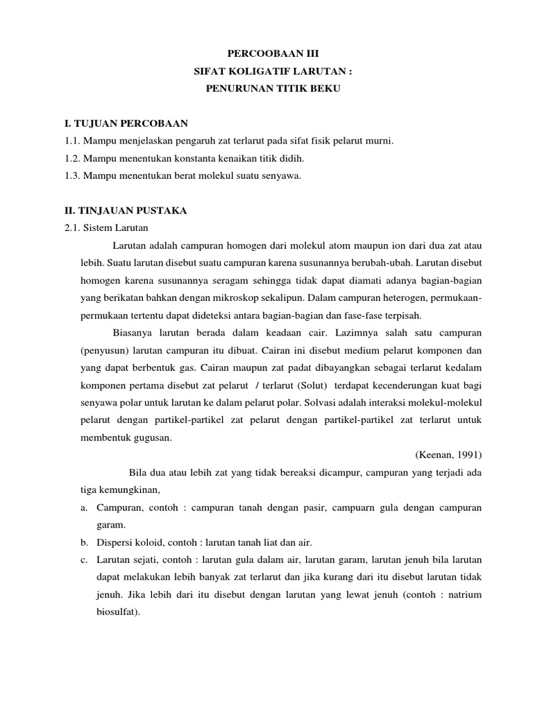 Jurnal Kimia Dasar PERCOBAAN III (Sifat Koligatif Larutan Penurunan