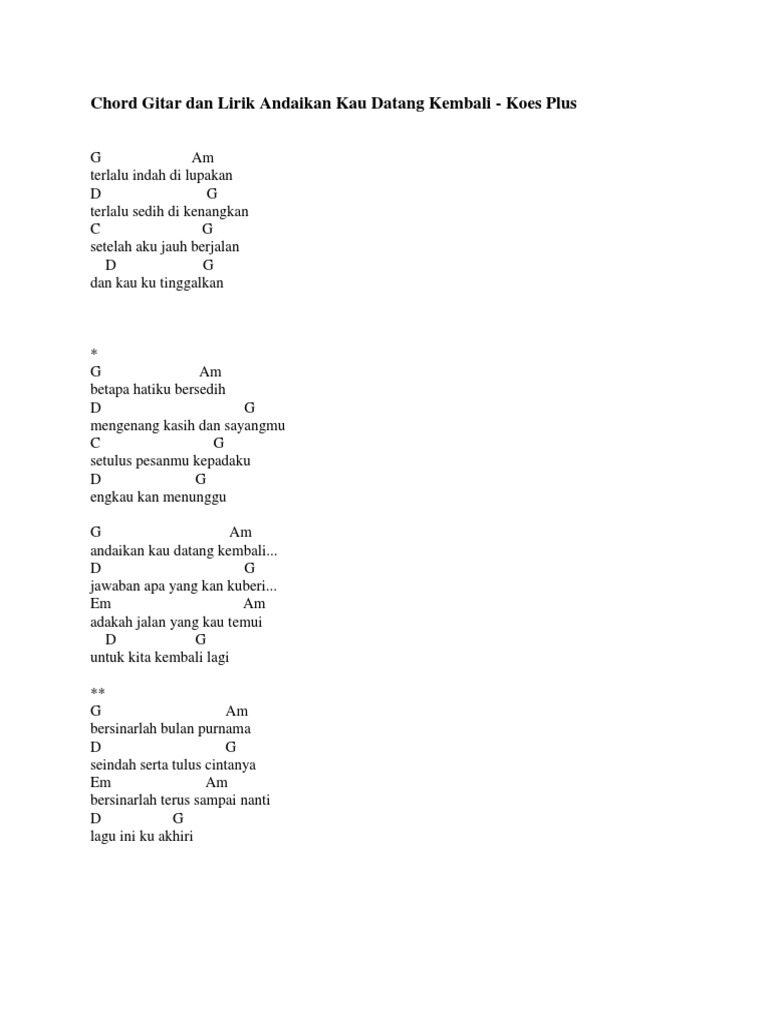 Kunci Lirik Lagu Andaikan Kau Datang Kembali