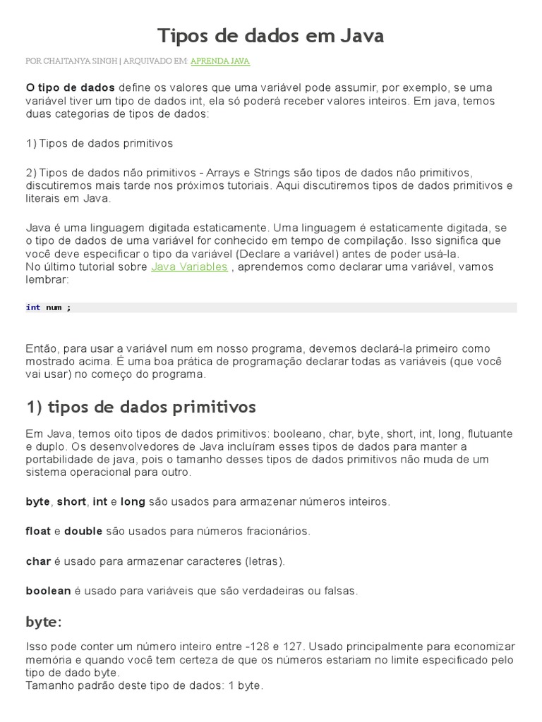 Tipos de Dados em Java | PDF | Tipo de dados | Byte