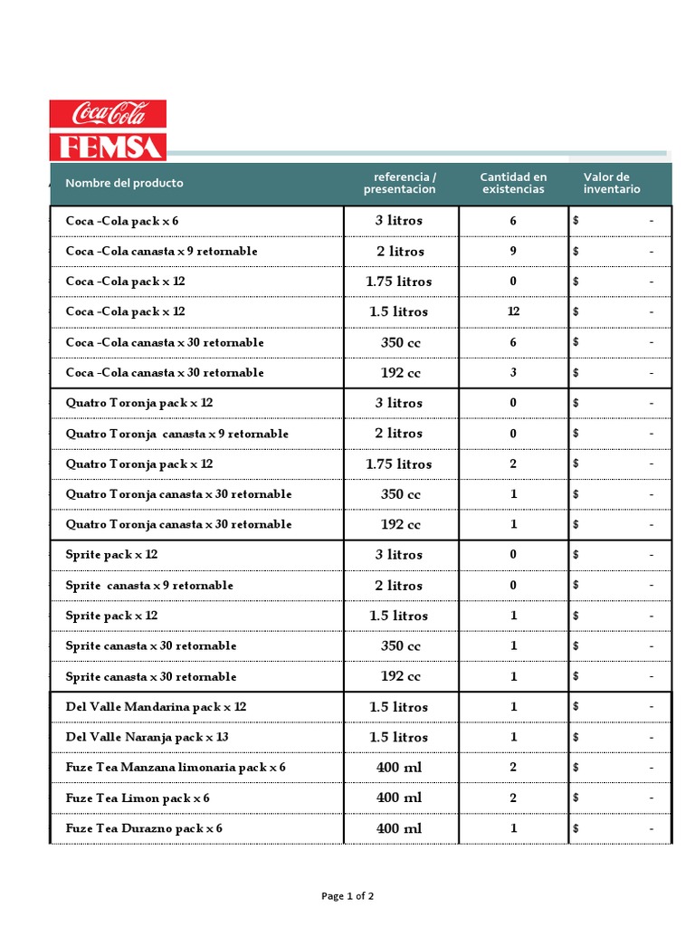 Lista de Inventario Bodega Coca-Cola | PDF | Reajuste salarial | Bebida